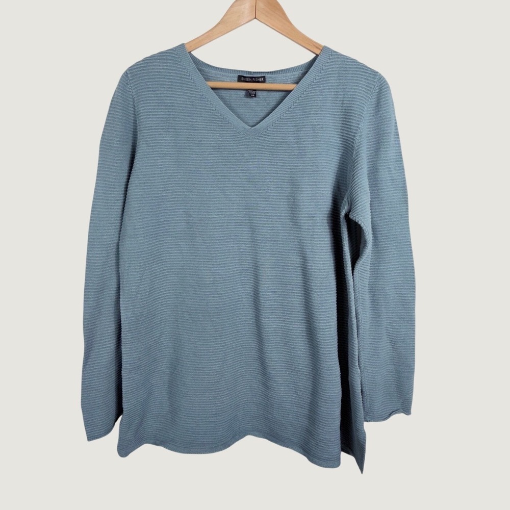 Eileen Fisher Sweater L Blue Tencel Lyocell Ribbed V-Neck Sustainable Minimalist